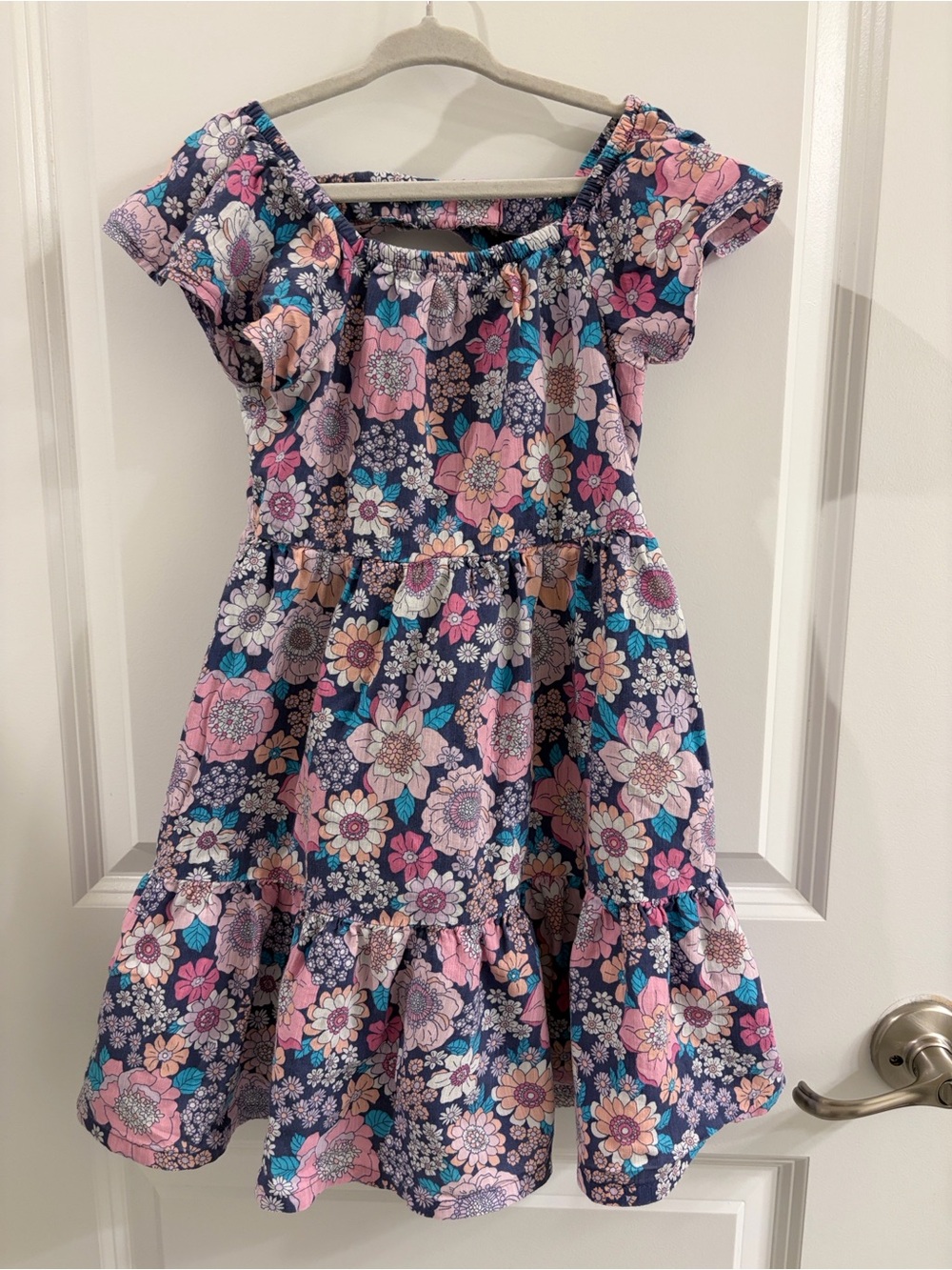 Girls Navy Floral Flutter Sleeve Dress - Pink & Teal Flowers